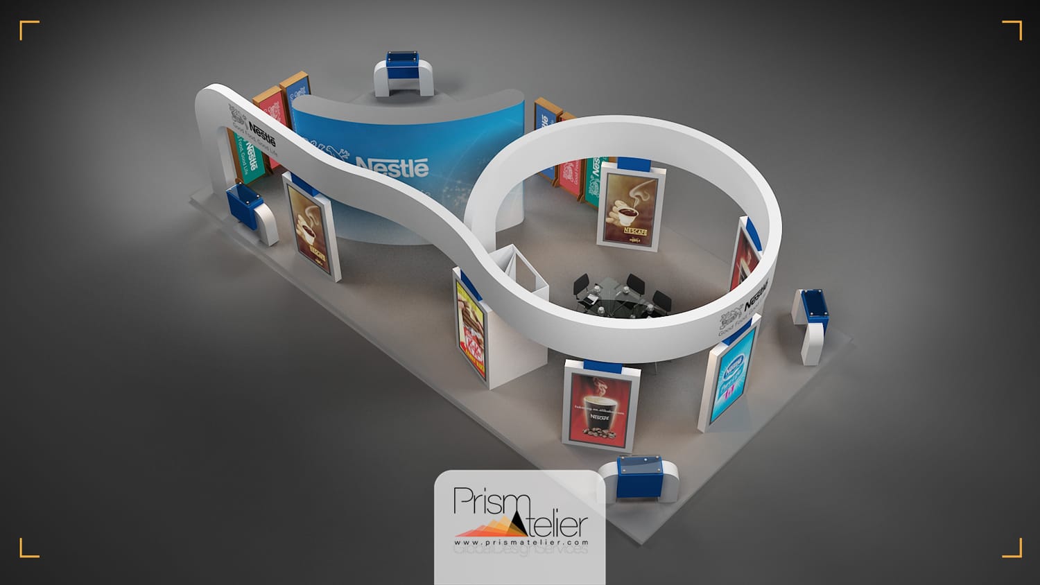 یک تصویر طراحی شده بصورت سه بعدی از دکوراسیون یک غرفه با نام شرکت نستله